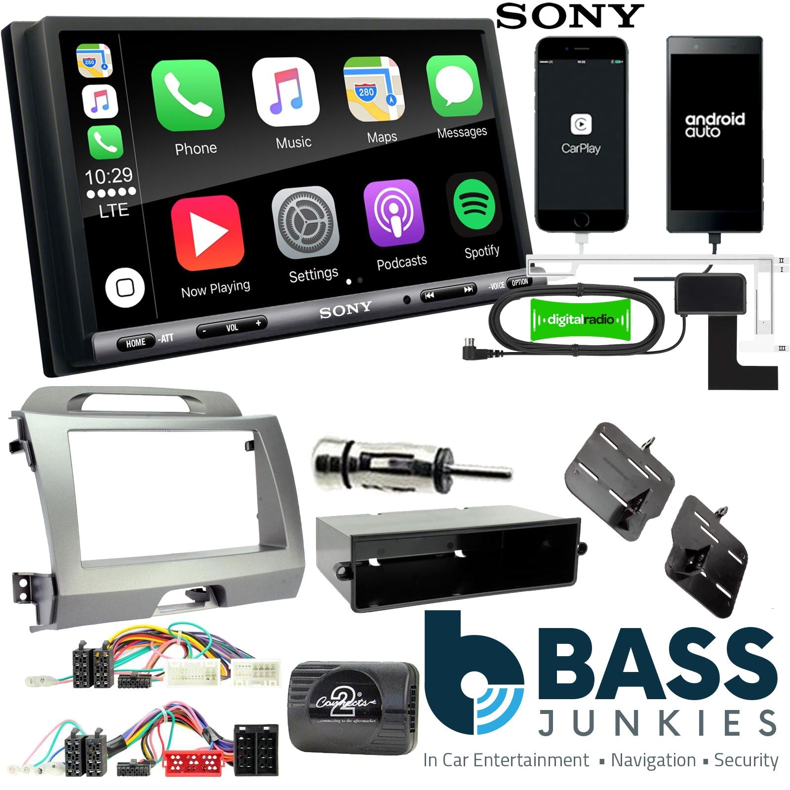 SONY DAB+ Apple | Android Double Din Stereo Fitting Kit + Steering Wheel Stalk Controls to fit Kia Sportage 2011-15