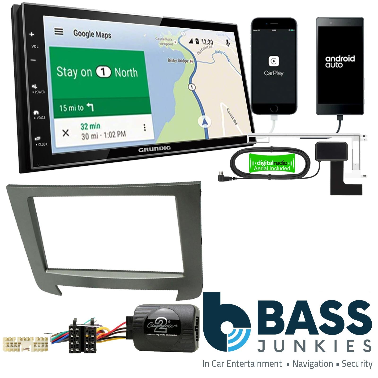 Grundig 6.8" Apple Android Double Din Stereo Fitting Kit + Steering Wheel Stalk Controls to fit SsangYong Rexton 2012-17