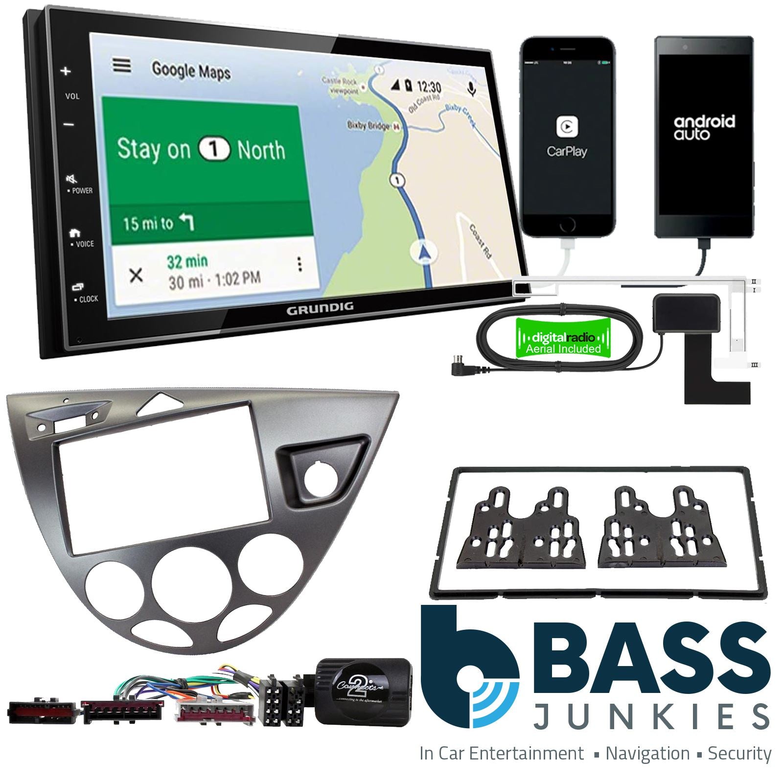 Grundig 6.8" Apple Android Double Din Stereo Fitting Kit + Steering Wheel Stalk Controls to fit Ford Focus 1999-04