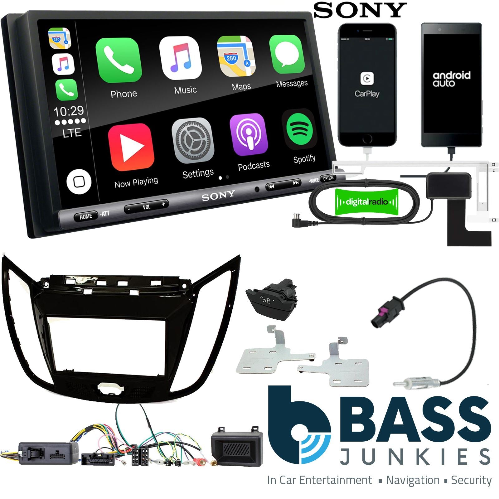 SONY DAB+ Apple | Android Double Din Stereo Fitting Kit + Steering Wheel Stalk Controls to fit Ford C-Max 2010-