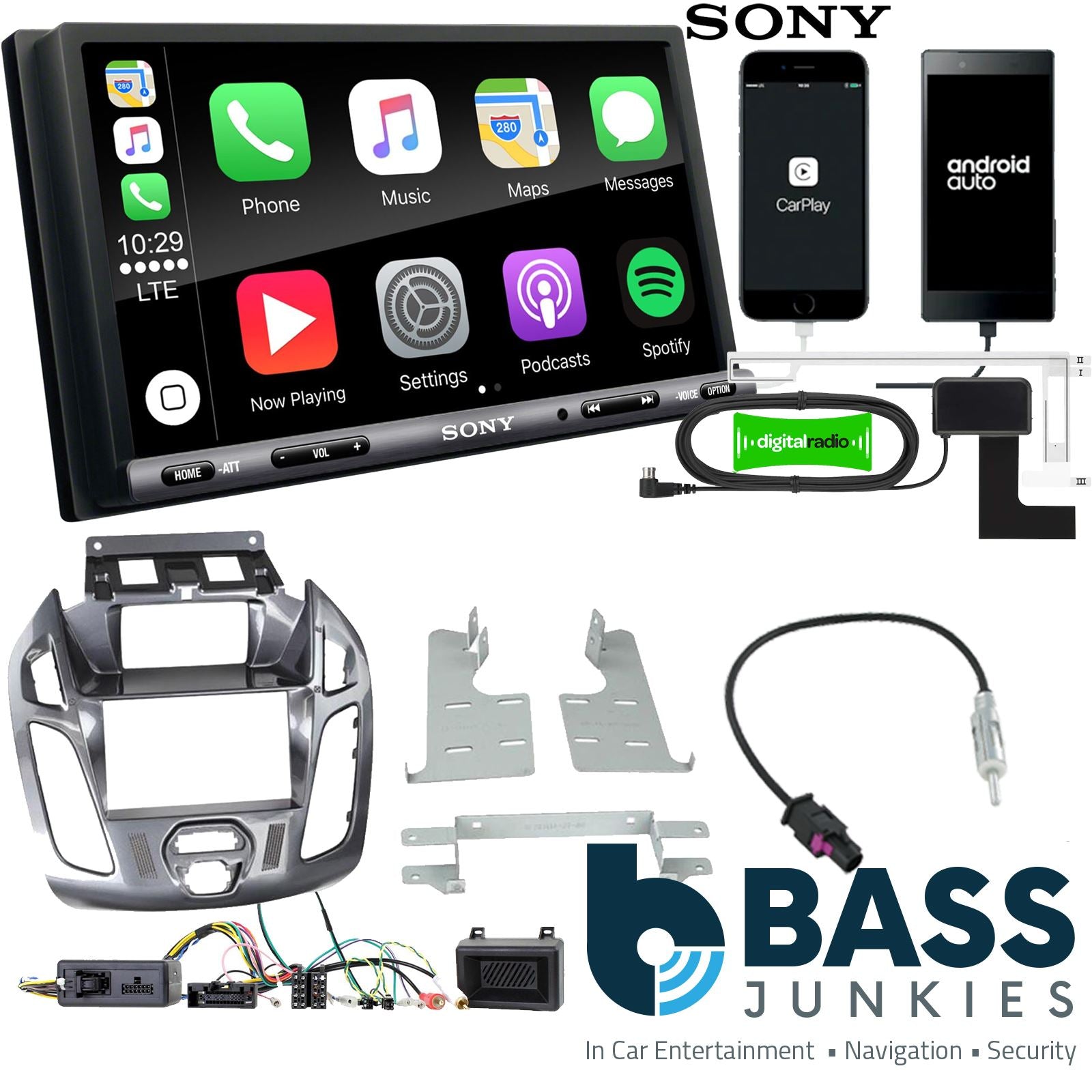SONY DAB+ Apple | Android Double Din Stereo Fitting Kit + Steering Wheel Stalk Controls to fit Ford Transit-Connect 13-21