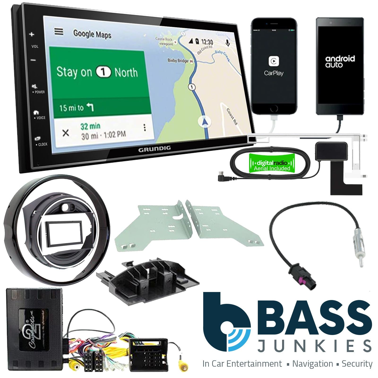 Grundig 6.8" Apple Android Double Din Stereo Fitting Kit + Steering Wheel Stalk Controls to fit BMW Mini 2013-16