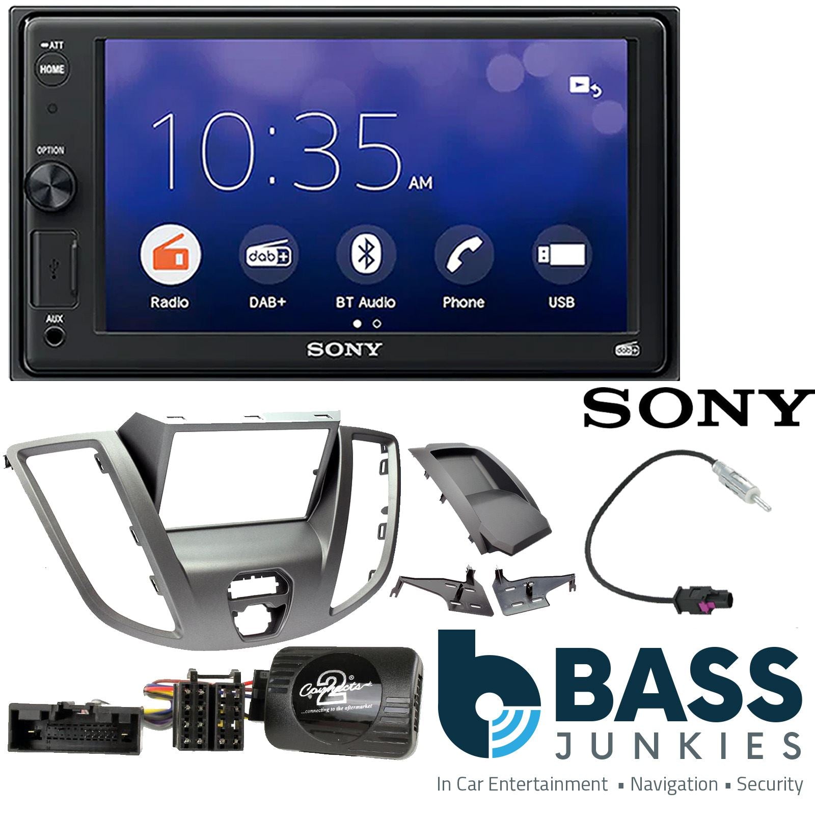 SONY XAV-1550D DAB+ Smart Bluetooth Car Radio + Stereo fitting kit + Steering Wheel Controls Loom for Ford Transit 2015-2021