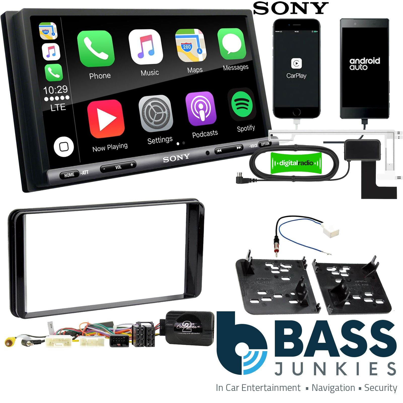 SONY DAB+ Apple | Android Double Din Stereo Fitting Kit + Steering Wheel Stalk Controls to fit Toyota C-HR 2017-