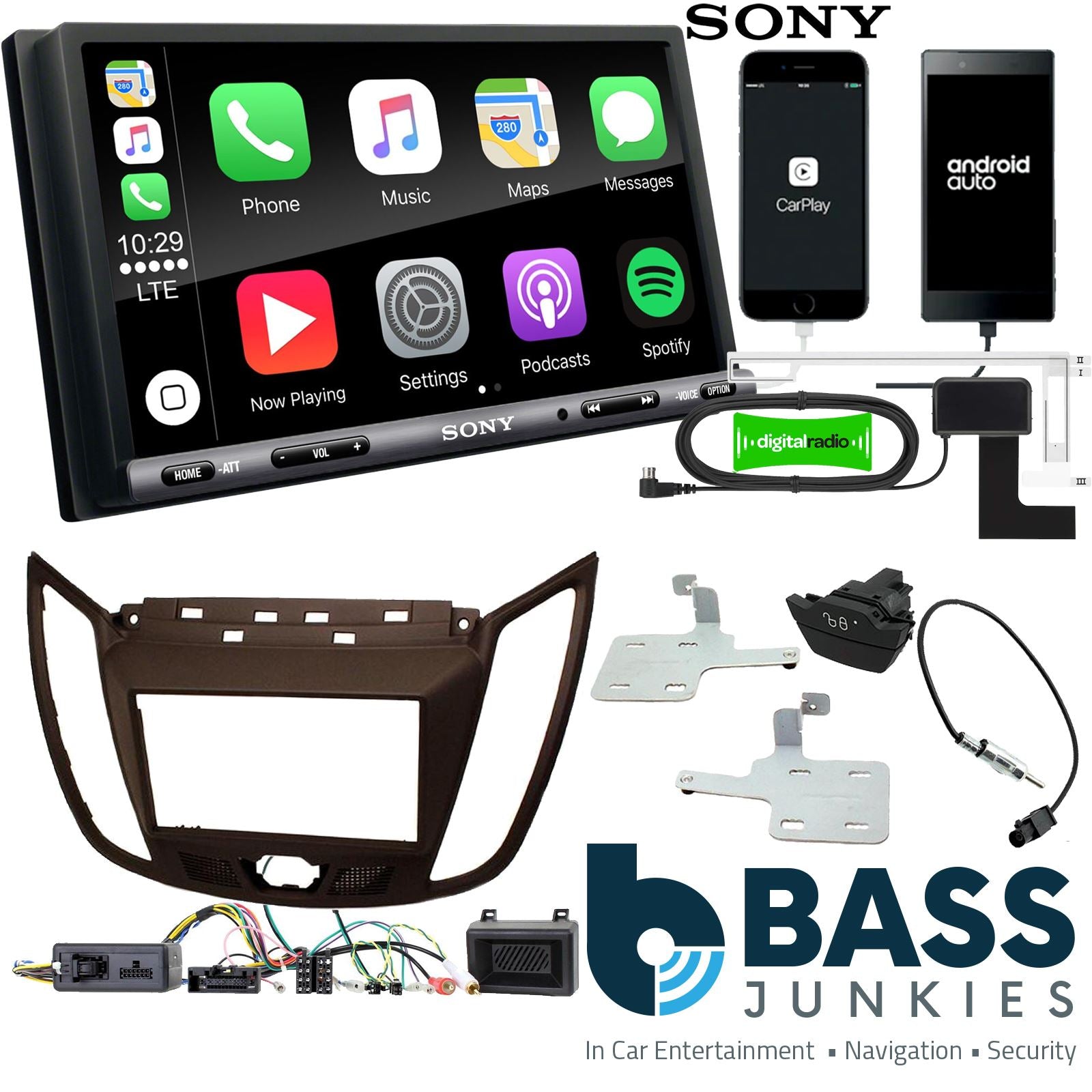 SONY DAB+ Apple | Android Double Din Stereo Fitting Kit + Steering Wheel Stalk Controls to fit Ford C-Max 2010-