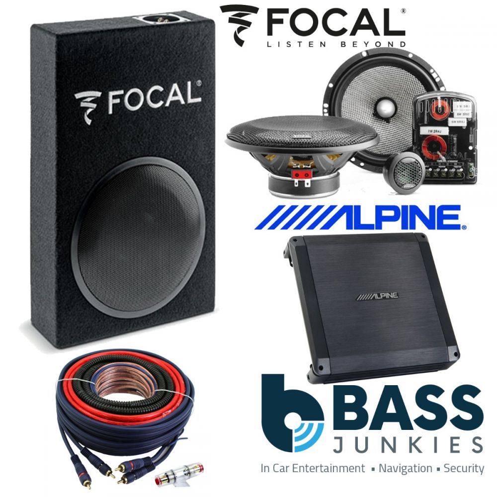 Focal 8" 250W Passive Car Subwoofer Box & Focal 6.5" 120W Component Speakers & Alpine 300W 2-Channel Amplifier Bass Package Kit