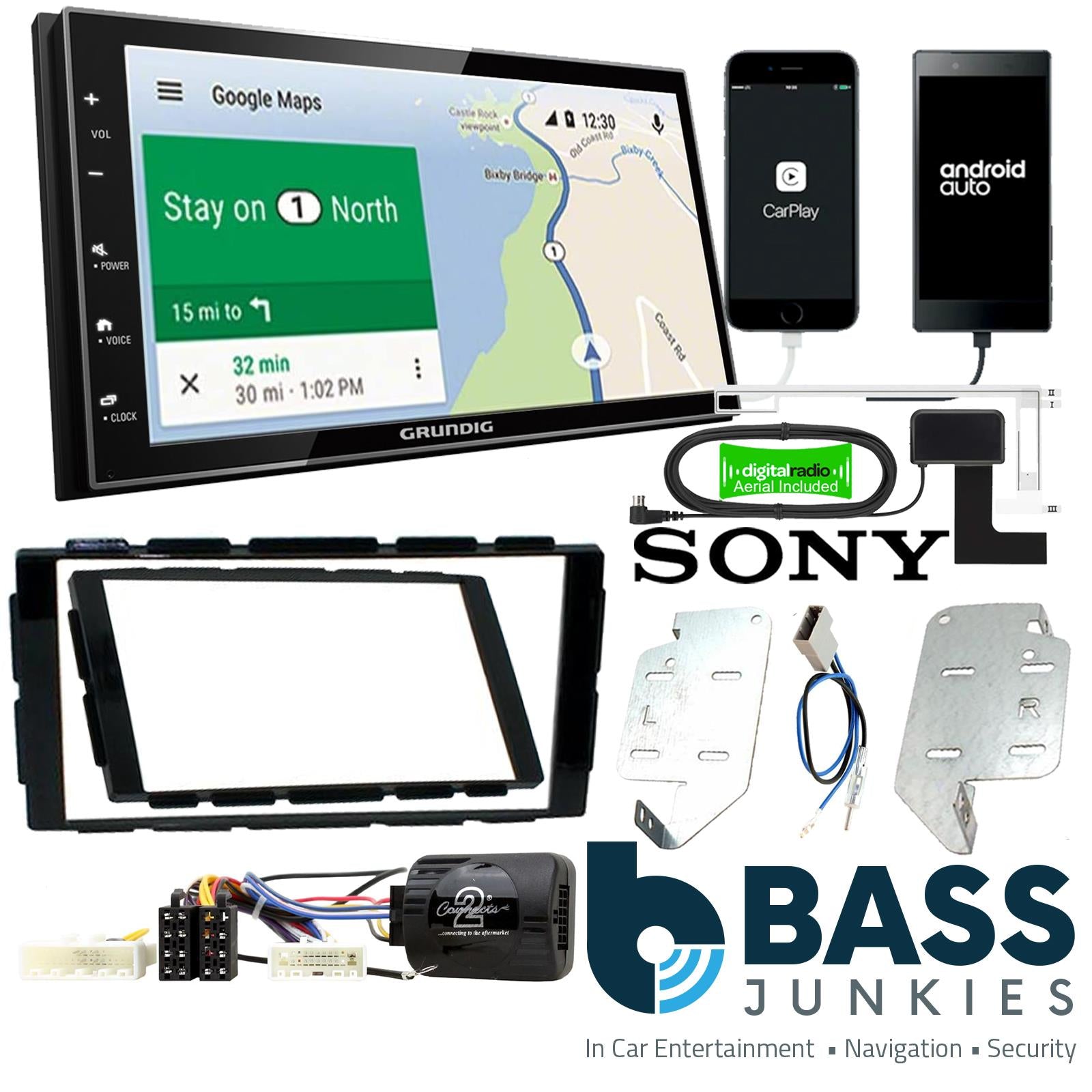Grundig 6.8" Apple Android Double Din Stereo Fitting Kit + Steering Wheel Stalk Controls to fit Nissan Juke 2014-