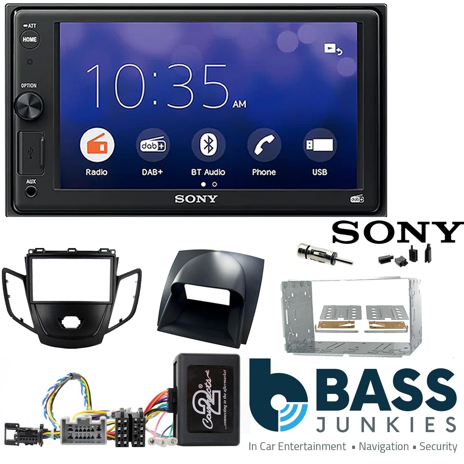 SONY XAV-1550D DAB+ Smart Bluetooth Car Radio + Stereo fitting kit + Steering Wheel Controls Loom for Ford Fiesta 2008-2010