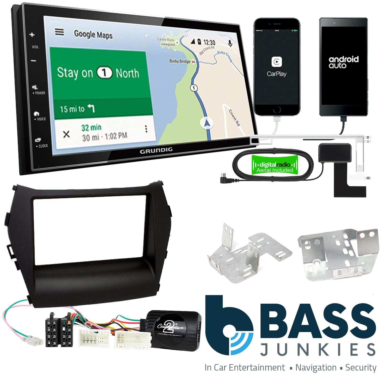 Grundig 6.8" Apple Android Double Din Stereo Fitting Kit + Steering Wheel Stalk Controls to fit Hyundai Santa-Fe 2013-18