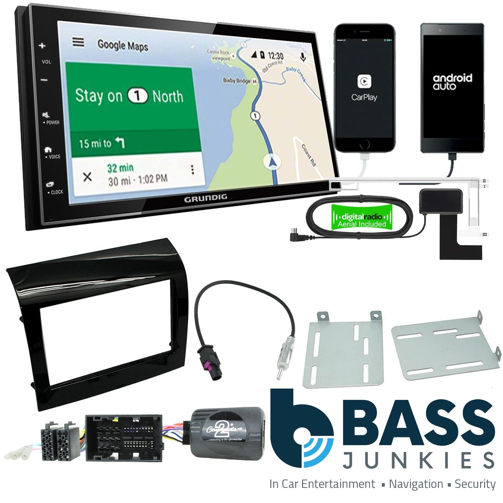 Grundig 6.8" Apple Android Double Din Stereo Fitting Kit + Steering Wheel Stalk Controls to fit Fiat Ducato 2014-21