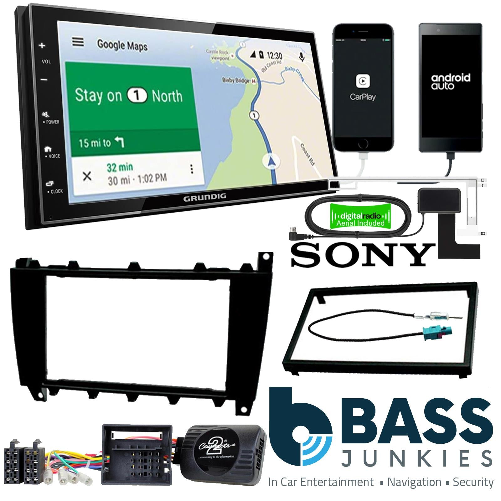 Grundig 6.8" Apple Android Double Din Stereo Fitting Kit + Steering Wheel Stalk Controls to fit Mercedes C-Class 2004-07