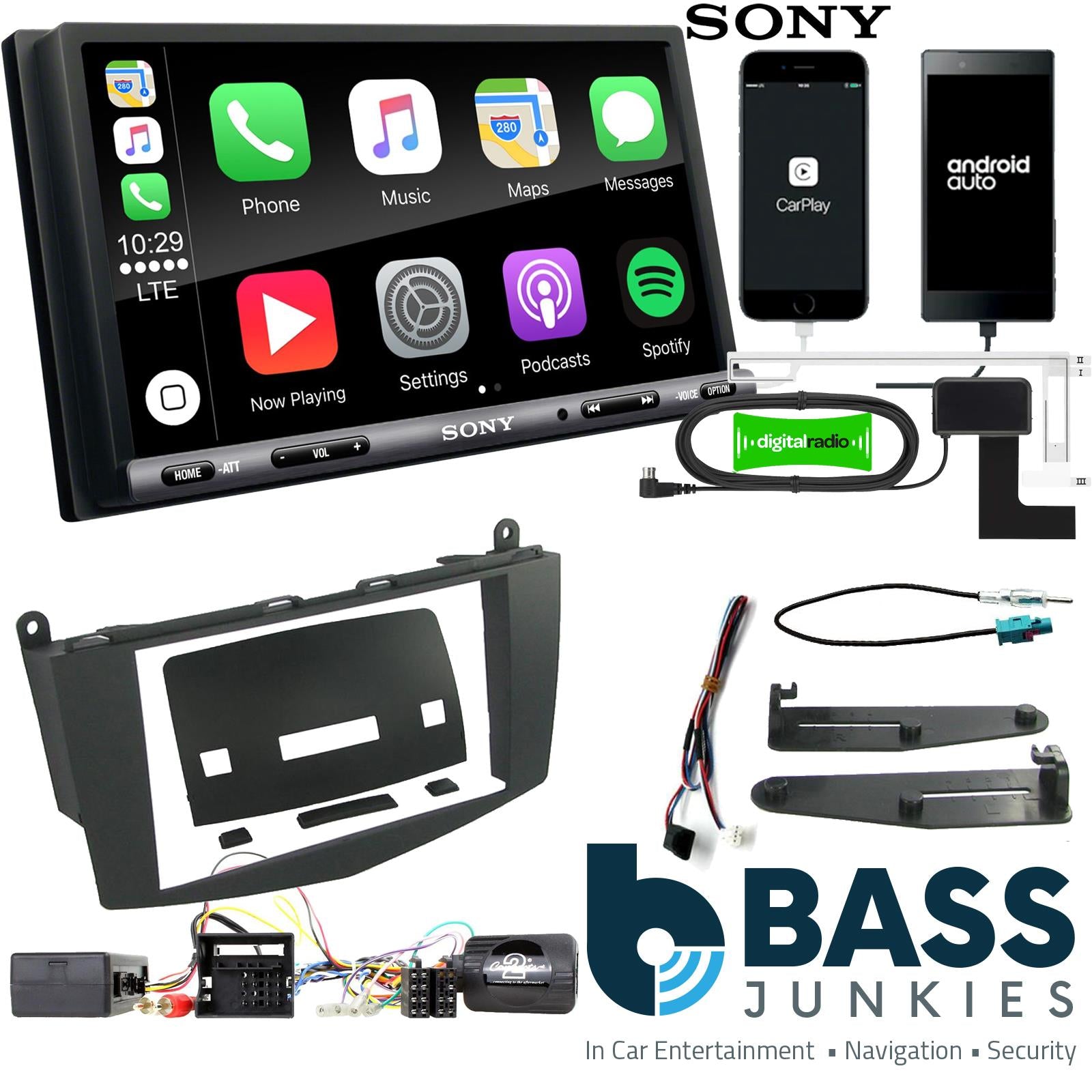 SONY DAB+ Apple | Android Double Din Stereo Fitting Kit + Steering Wheel Stalk Controls to fit Mercedes C-Class 2007-11