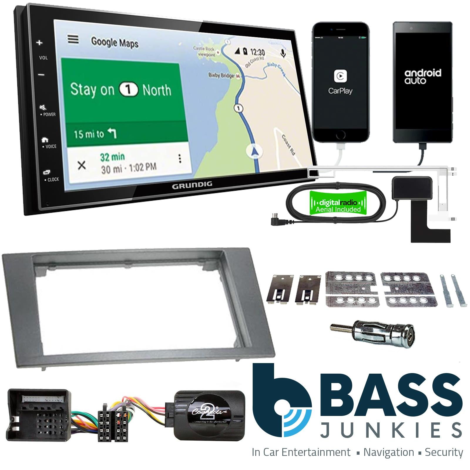 Grundig 6.8" Apple Android Double Din Stereo Fitting Kit + Steering Wheel Stalk Controls to fit Ford Mondeo 2004-07