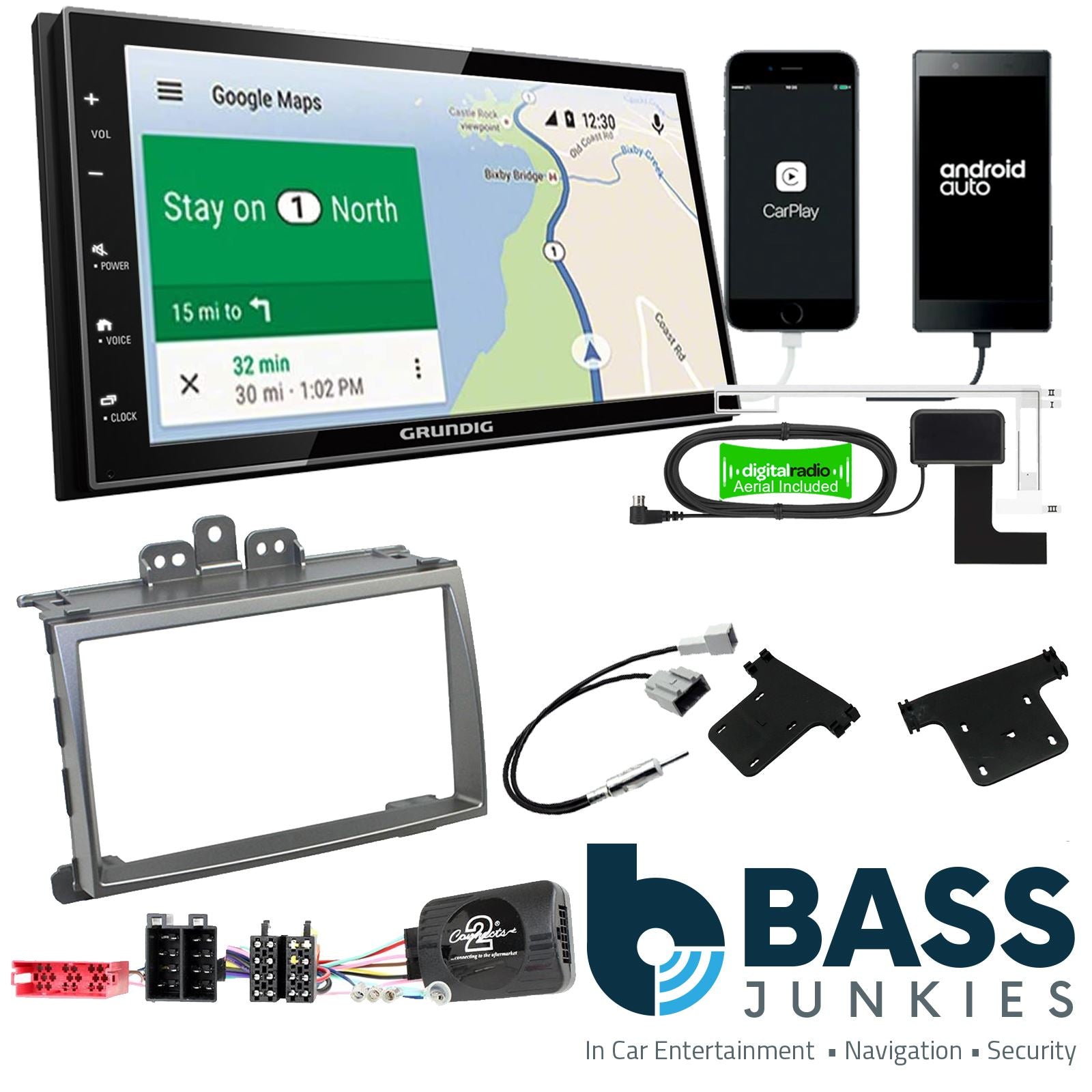 Grundig 6.8" Apple Android Double Din Stereo Fitting Kit + Steering Wheel Stalk Controls to fit Hyundai i20 2009-12
