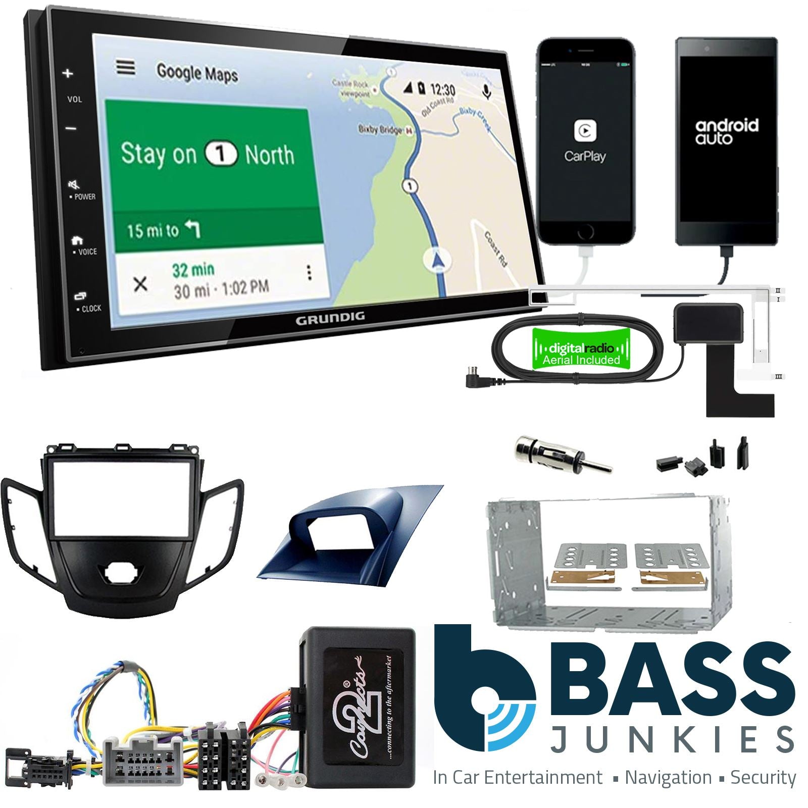 Grundig 6.8" Apple Android Double Din Stereo Fitting Kit + Steering Wheel Stalk Controls to fit Ford Fiesta 2008-10