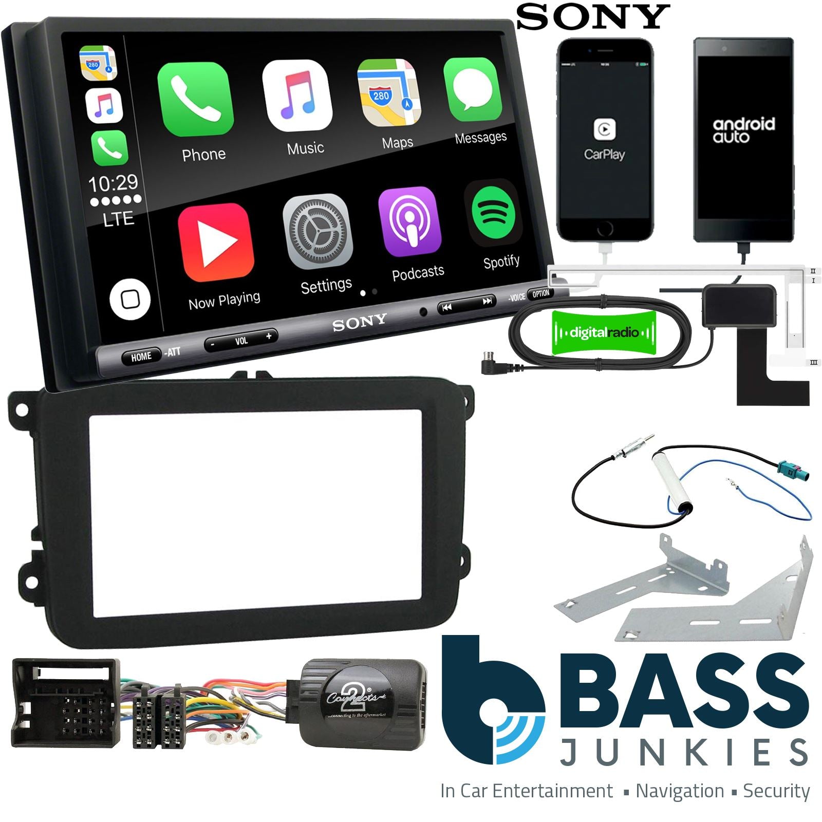 SONY DAB+ Apple | Android Double Din Stereo & Fitting Kit + Steering Wheel Stalk Controls to fit VW EOS 06-15 | Tiguan 07-15 | Golf 03-13 | Touran 06-10 | Polo 09-14 | Jetta 05-11 | Scirocco 08-14