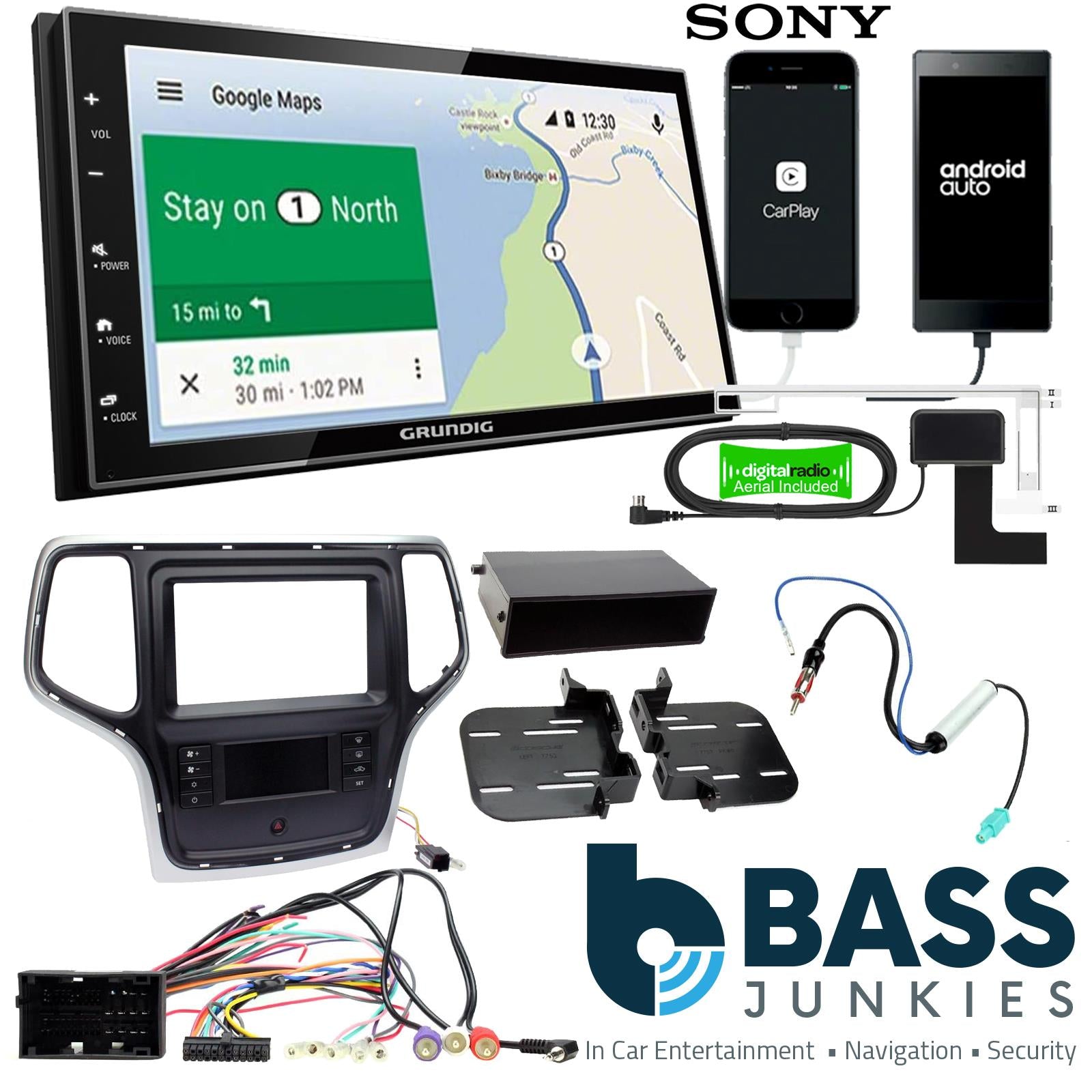 Grundig 6.8" Apple Android Double Din Stereo Fitting Kit + Steering Wheel Stalk Controls to fit Jeep Grand-Cherokee 14-21