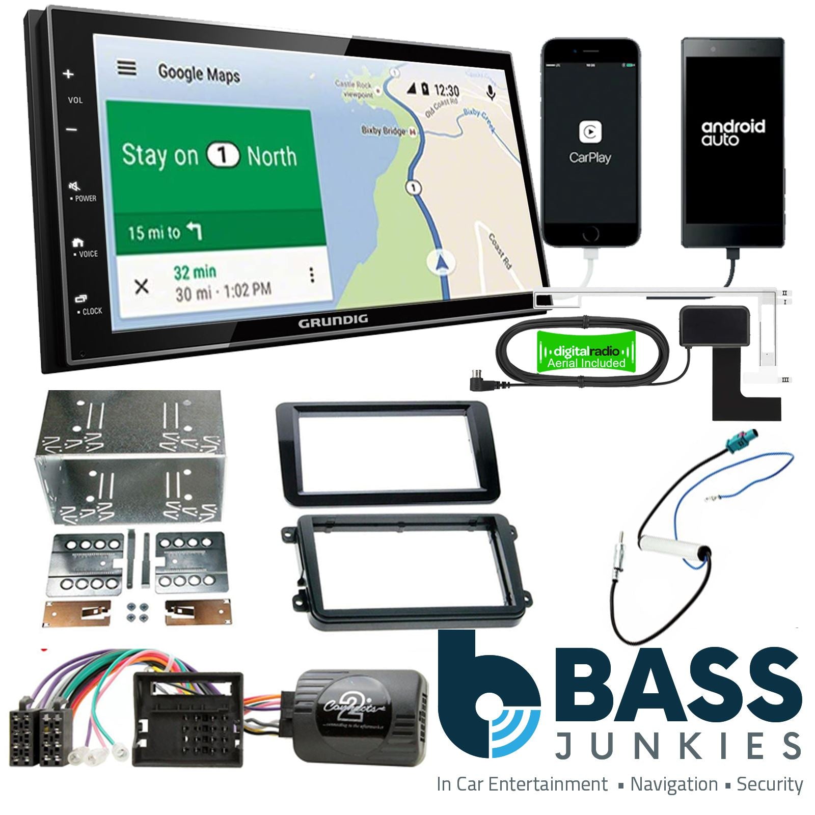 Grundig 6.8" Apple Android Double Din Stereo Fitting Kit + Steering Wheel Stalk Controls to fit Skoda Fabia 2007-14