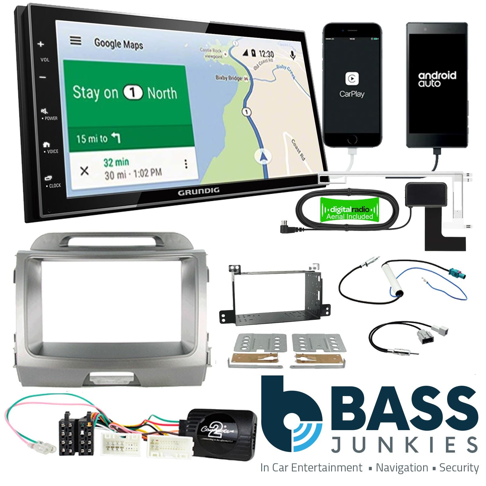 Grundig 6.8" Apple Android Double Din Stereo Fitting Kit + Steering Wheel Stalk Controls to fit Kia Sportage 2010-15