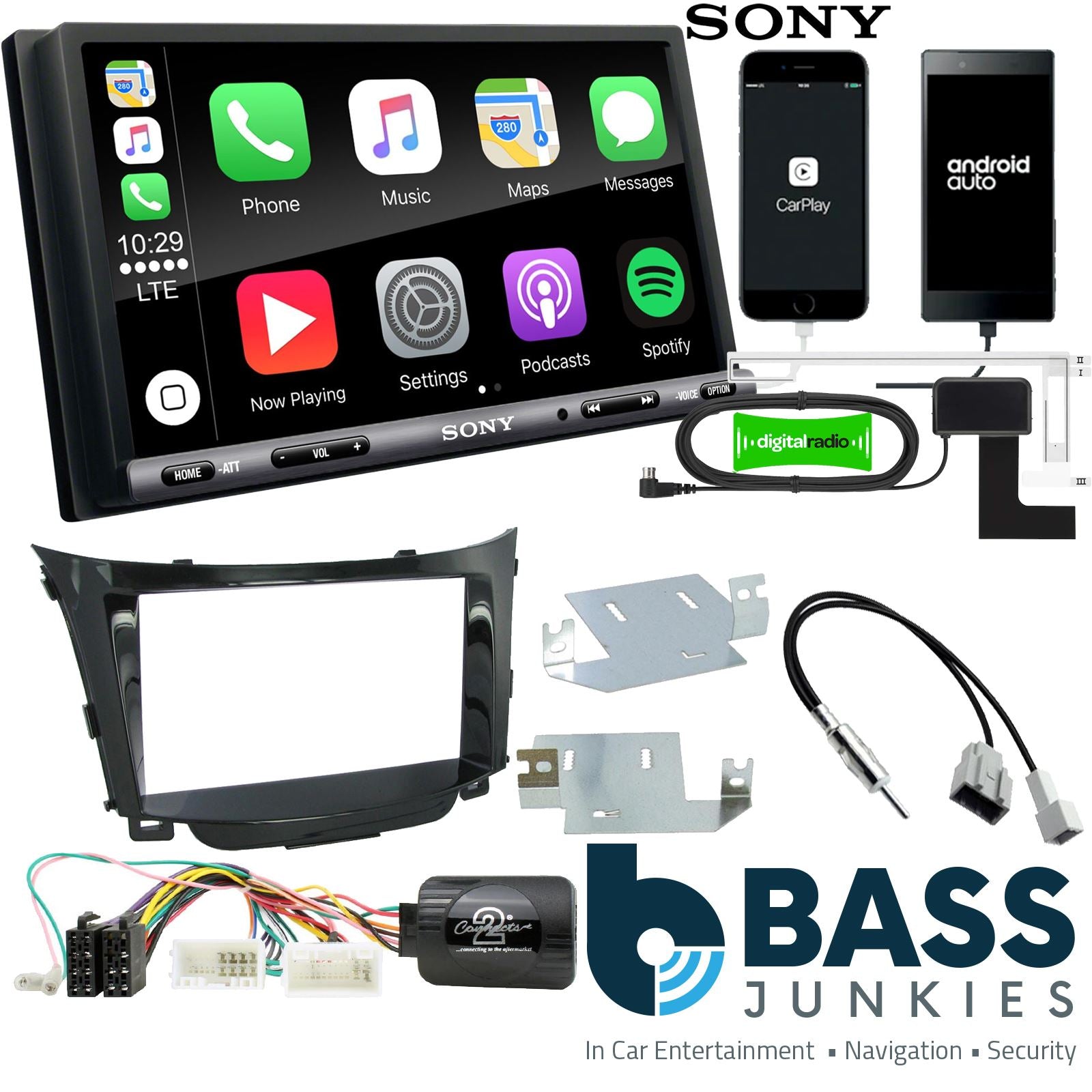 SONY DAB+ Apple | Android Double Din Stereo Fitting Kit + Steering Wheel Stalk Controls to fit Hyundai i30 2012-17