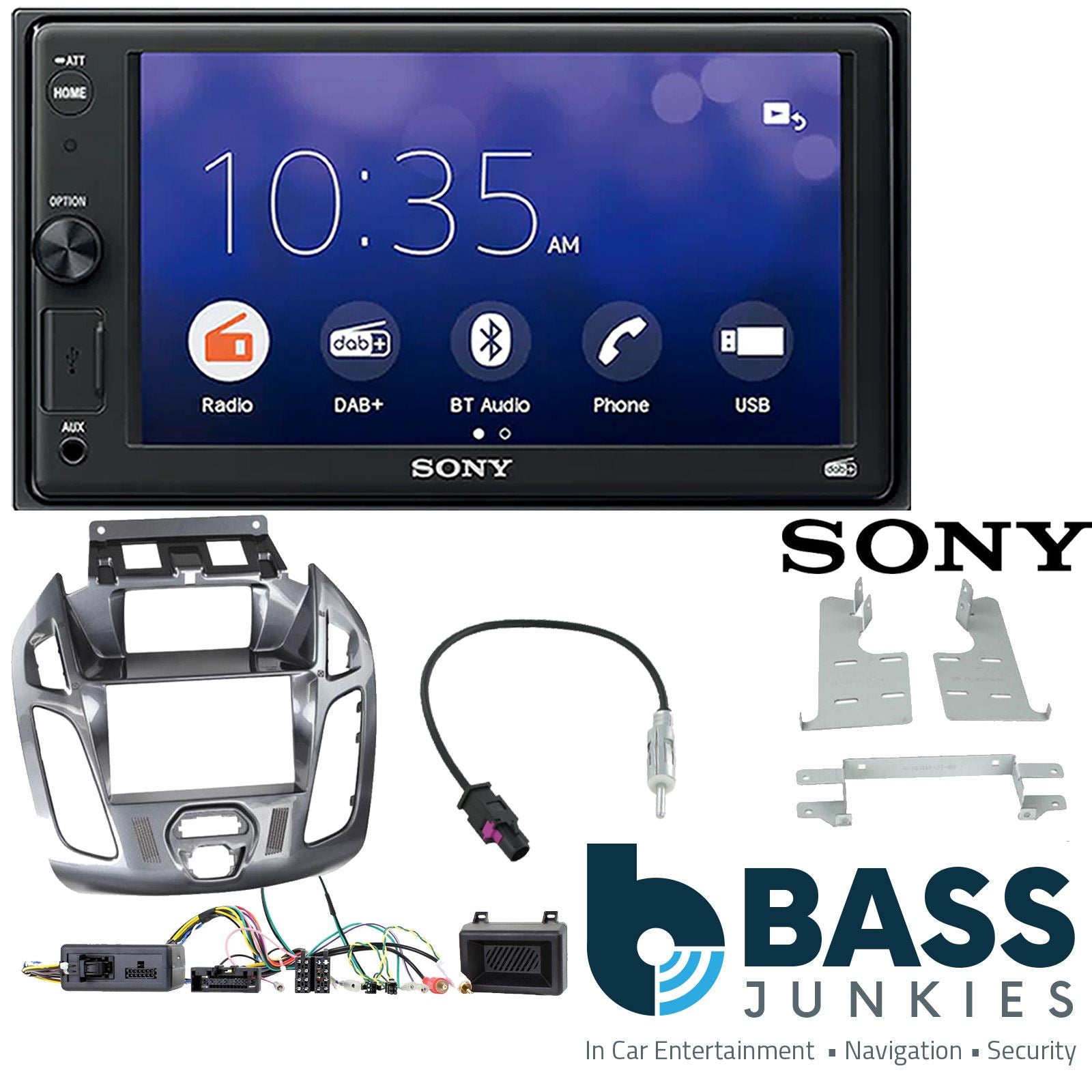 SONY XAV-1550D DAB+ Smart Bluetooth Car Radio + Stereo fitting kit + Steering Wheel Controls Loom for Ford Transit-Connect 2013-2021
