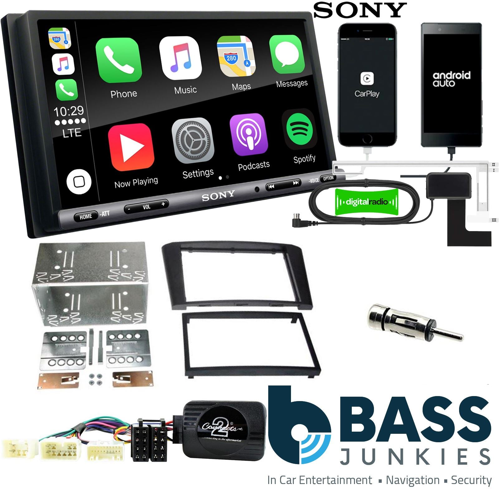 SONY DAB+ Apple | Android Double Din Stereo Fitting Kit + Steering Wheel Stalk Controls to fit Toyota Avensis 2003-09