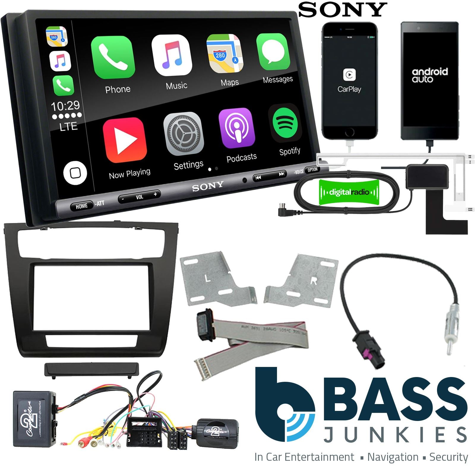 SONY DAB+ Apple | Android Double Din Stereo Fitting Kit + Steering Wheel Stalk Controls to fit BMW 1-Series 2007-13