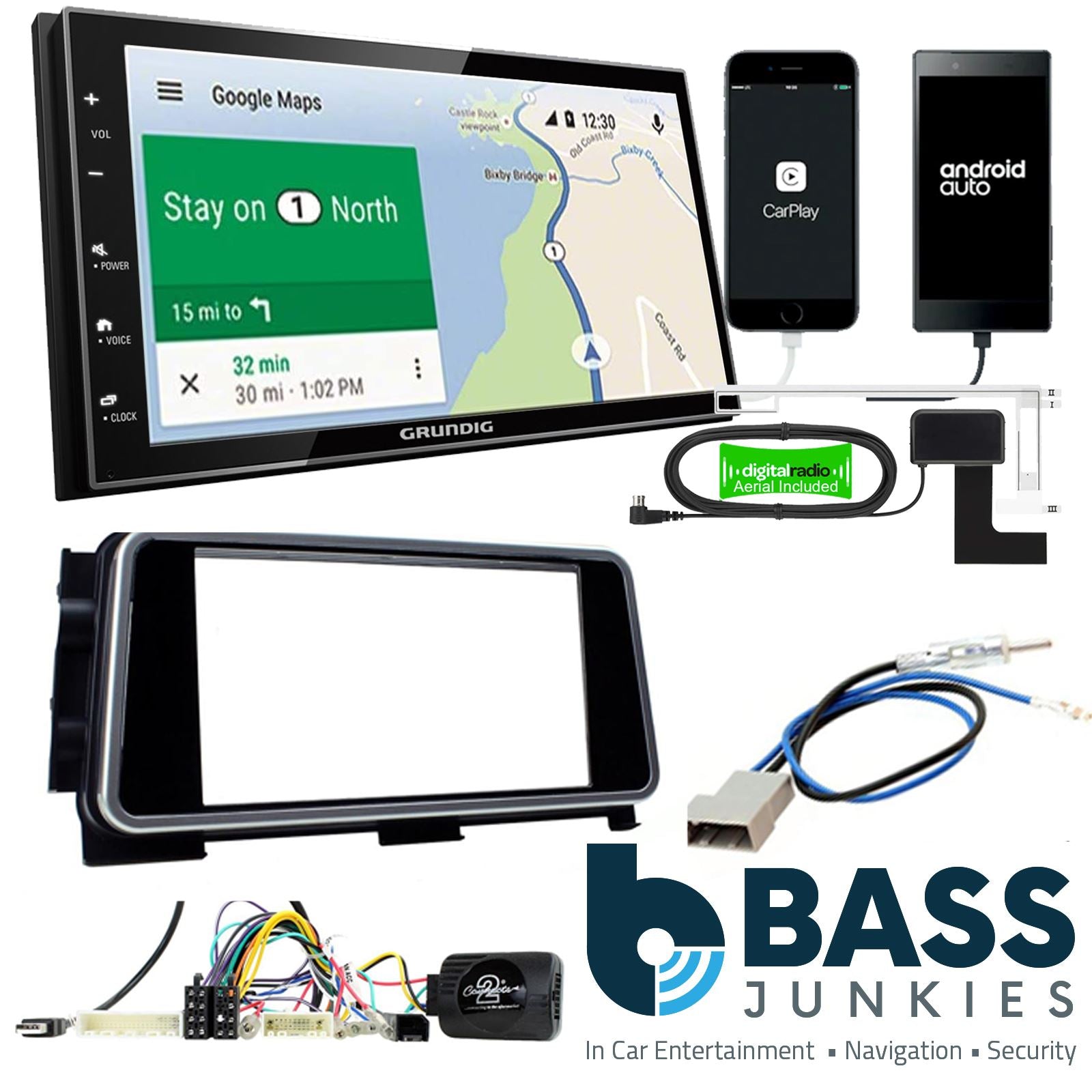 Grundig 6.8" Apple Android Double Din Stereo Fitting Kit + Steering Wheel Stalk Controls to fit Nissan Micra 2020-21