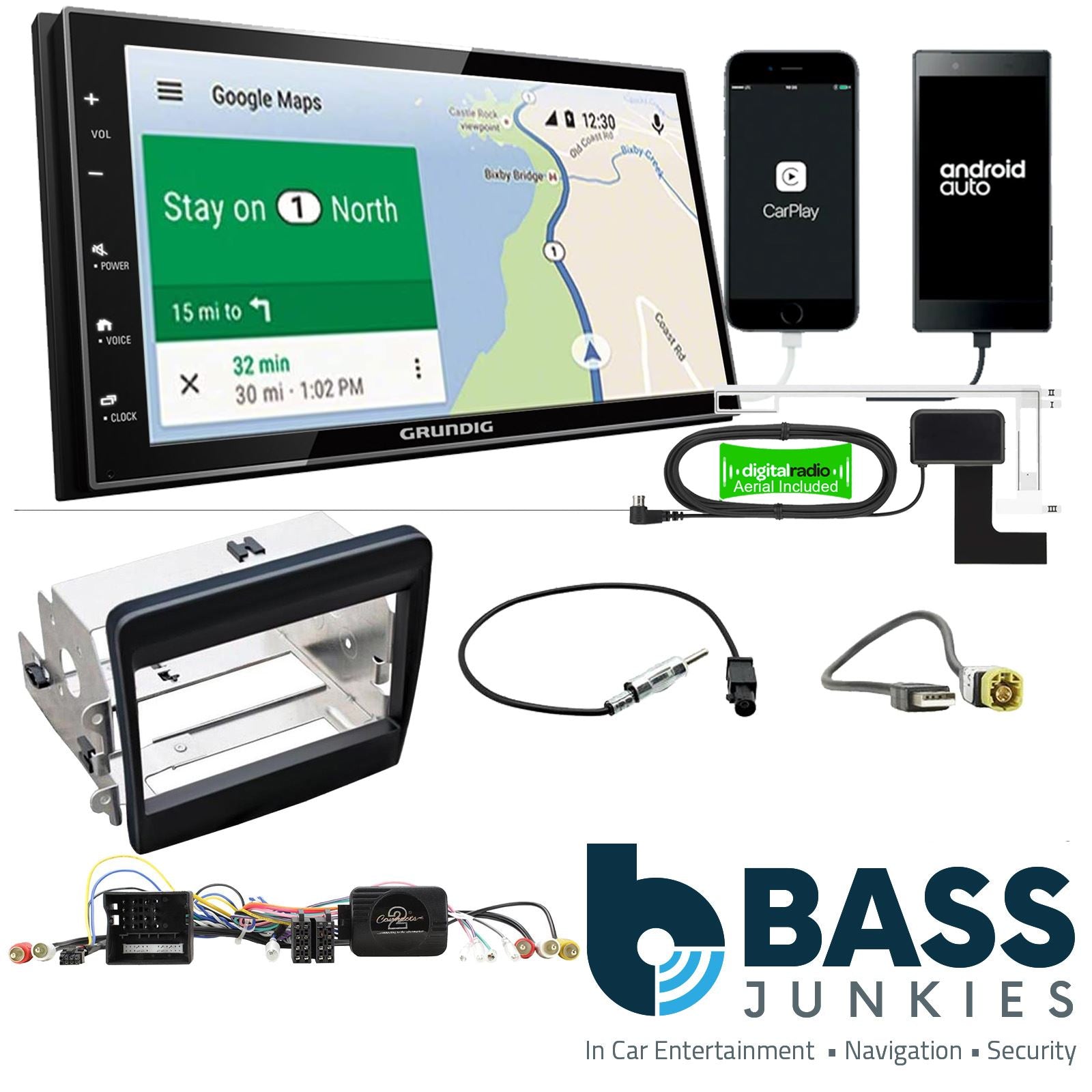 Grundig 6.8" Apple Android Double Din Stereo Fitting Kit + Steering Wheel Stalk Controls to fit Porsche 911 2011-16